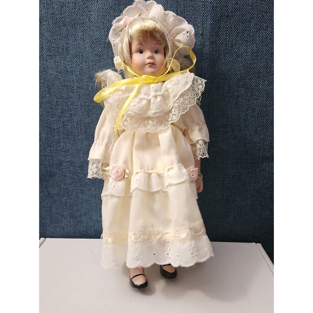 Vintage 8" Porcelain Doll | Blonde with Bonnet & Ruffled Dress